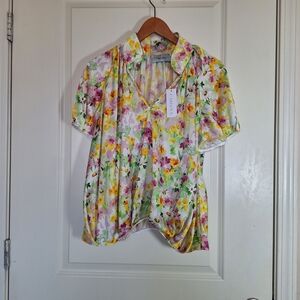 NWT Tish Cox Watercolor Aubrey Pink Mini Floral Pleated Ruffle Blouse Top Size S